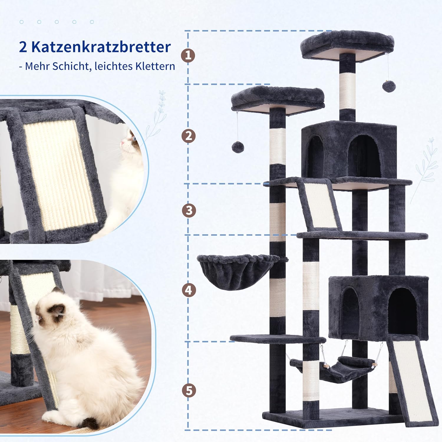 Thumbnail 1 de Gitelsnour Kratzbaum für den Innenbereich – 180 cm Katzenkratzbaum Rauchgrau GCT032G mit 2 Sisalsäulen