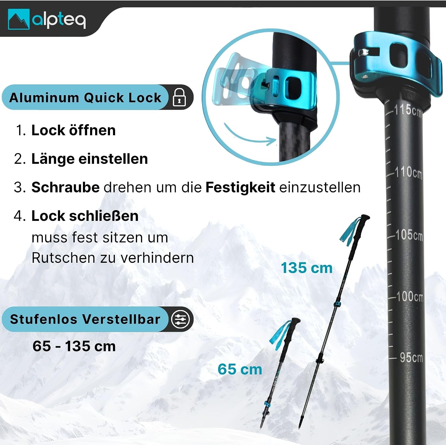 Detalle de Alpteq Carbon Wanderstöcke Teleskop – ultraleichte Trekkingstöcke aus Carbon & Aluminium, verstellbar 65–135 cm