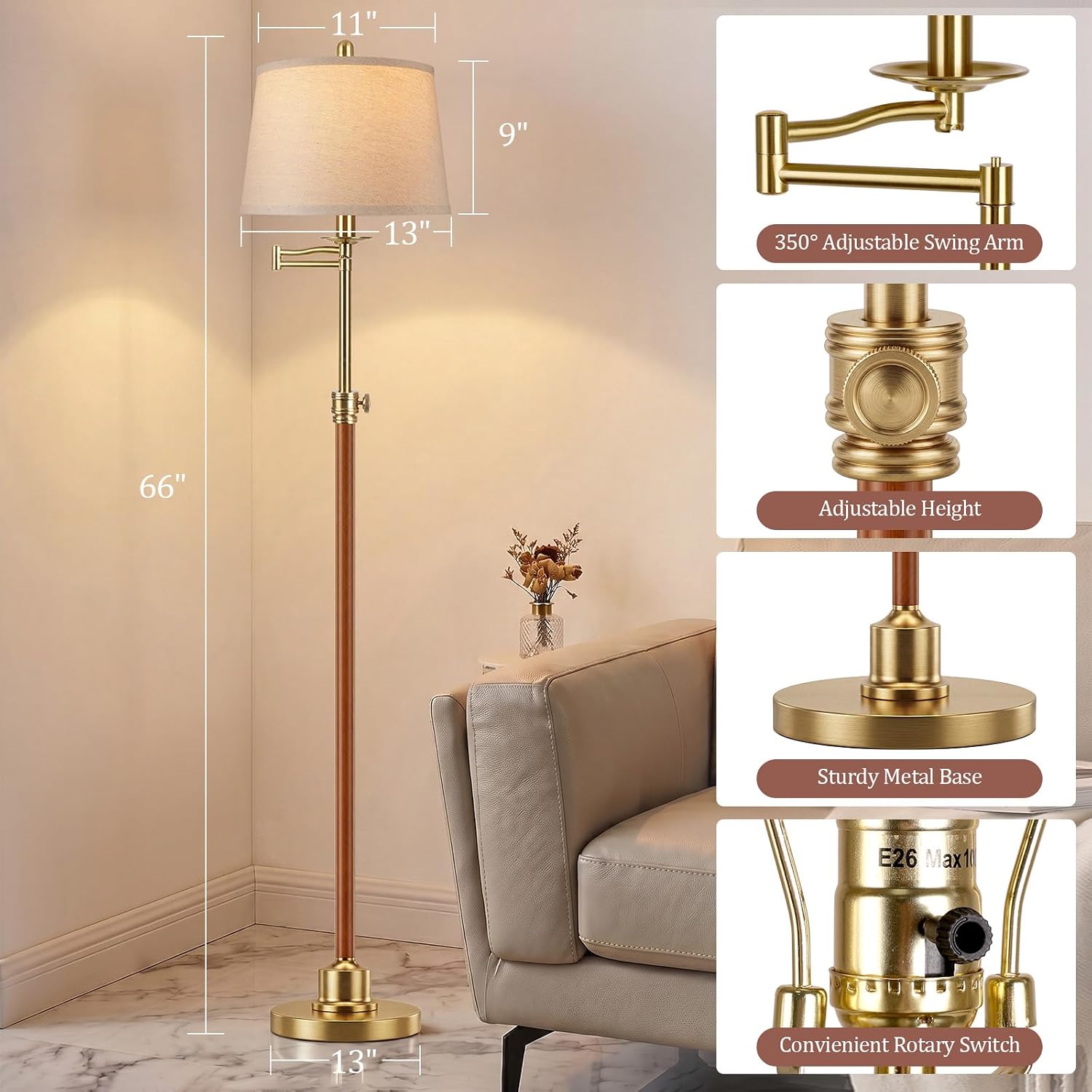 Detalle de Vintage Walnut Gold Floor Lamp with 350° Swivel Arm and Adjustable Height
