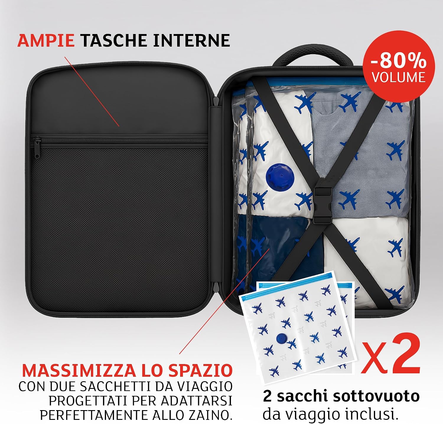 Thumbnail 1 de Zaino sottovuoto Lavatelli: 40x30x20 cm + Pompa USB-C e 2 sacchetti Travel 40x45 cm per bagaglio a mano