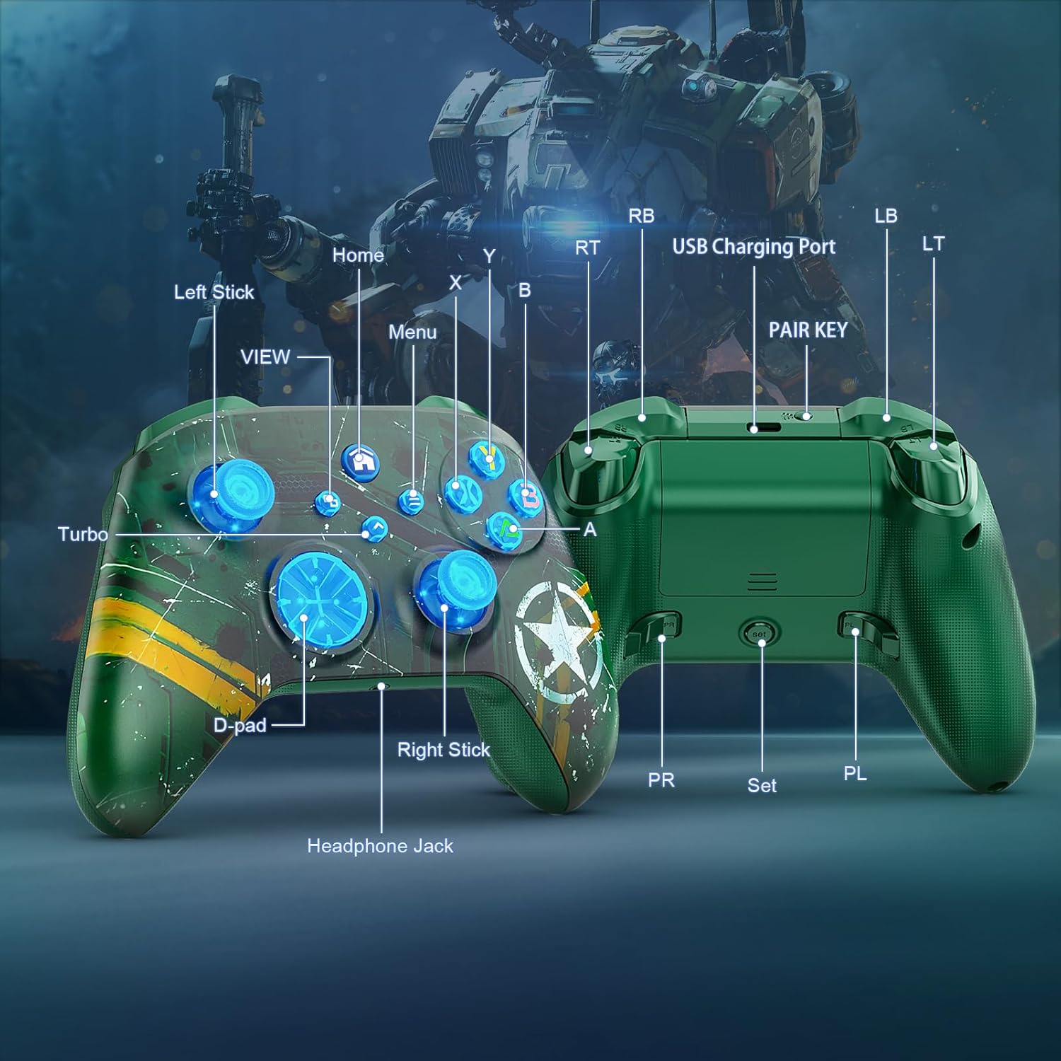 Thumbnail 6 de Dinosoo Wireless Controller für Xbox Series X|S, Xbox One, PC und Mobilgeräte – RGB, TURBO, Macro, Dual Vibration, 3,5 mm Klinke