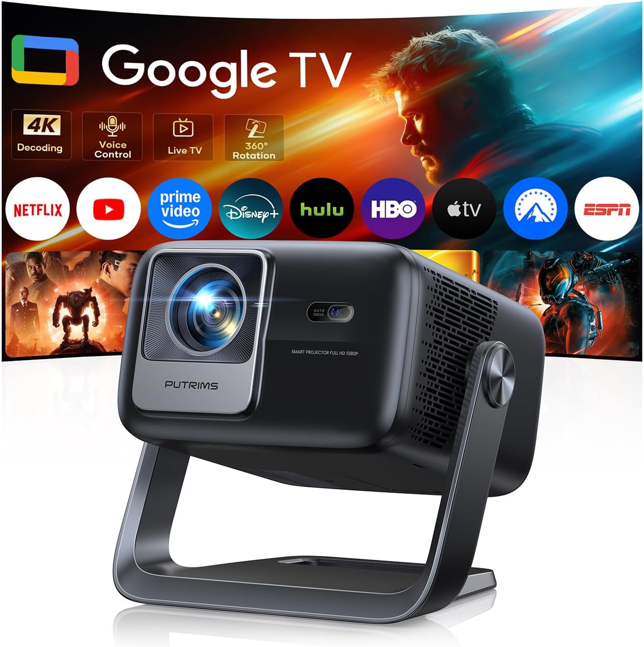 Detalle de Smart 4K Projector with Google TV Built-in and 360° Stand