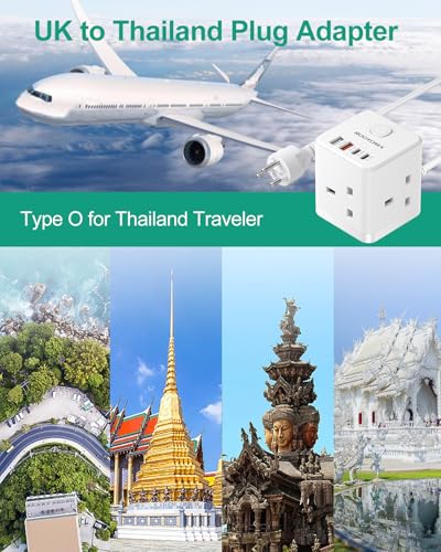 Detalle de ROOTOMA Thailand Travel Adapter 3 Way 4 USB Fast Charging (QC3.0/PD20W) – 7-in-1 UK to Thailand