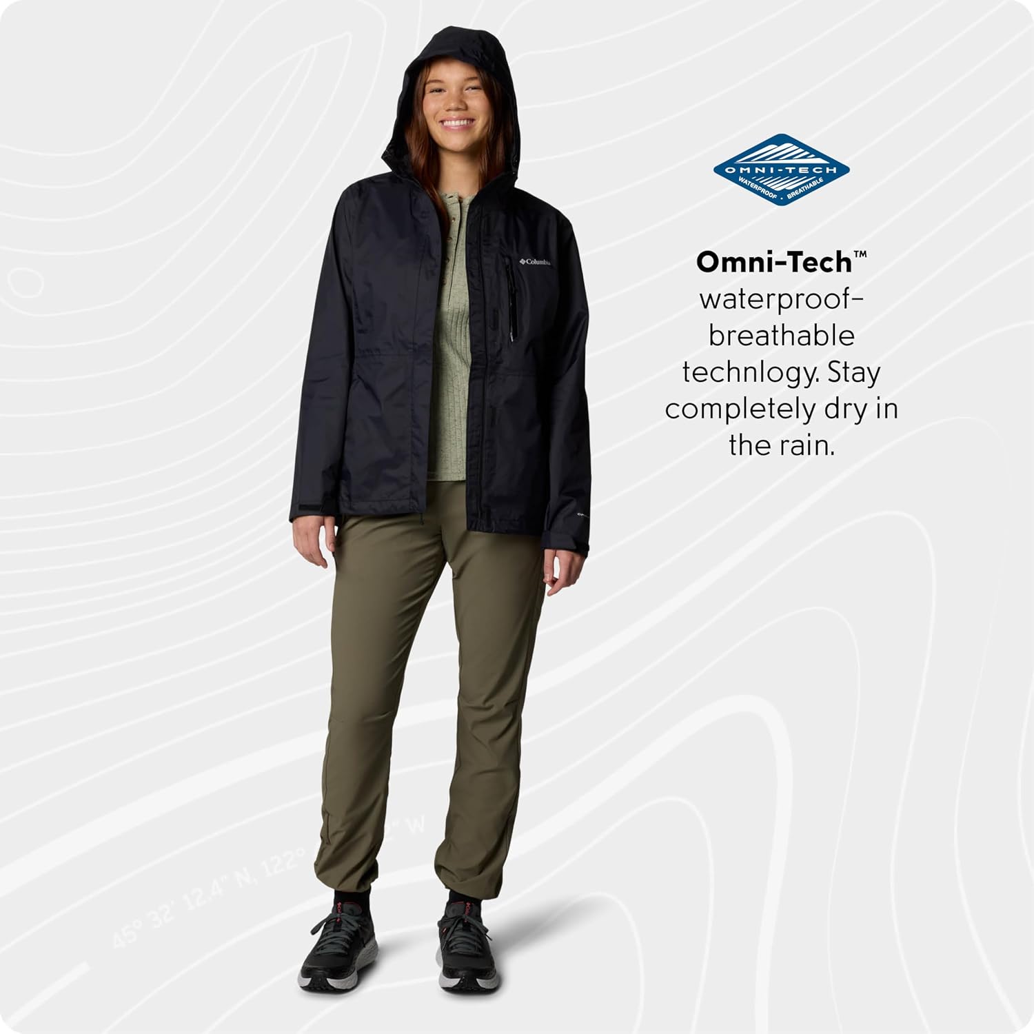Detalle de Columbia Women’s Pouring Adventure 3 Waterproof Rain Jacket (Omni-Tech) – Black, Size L