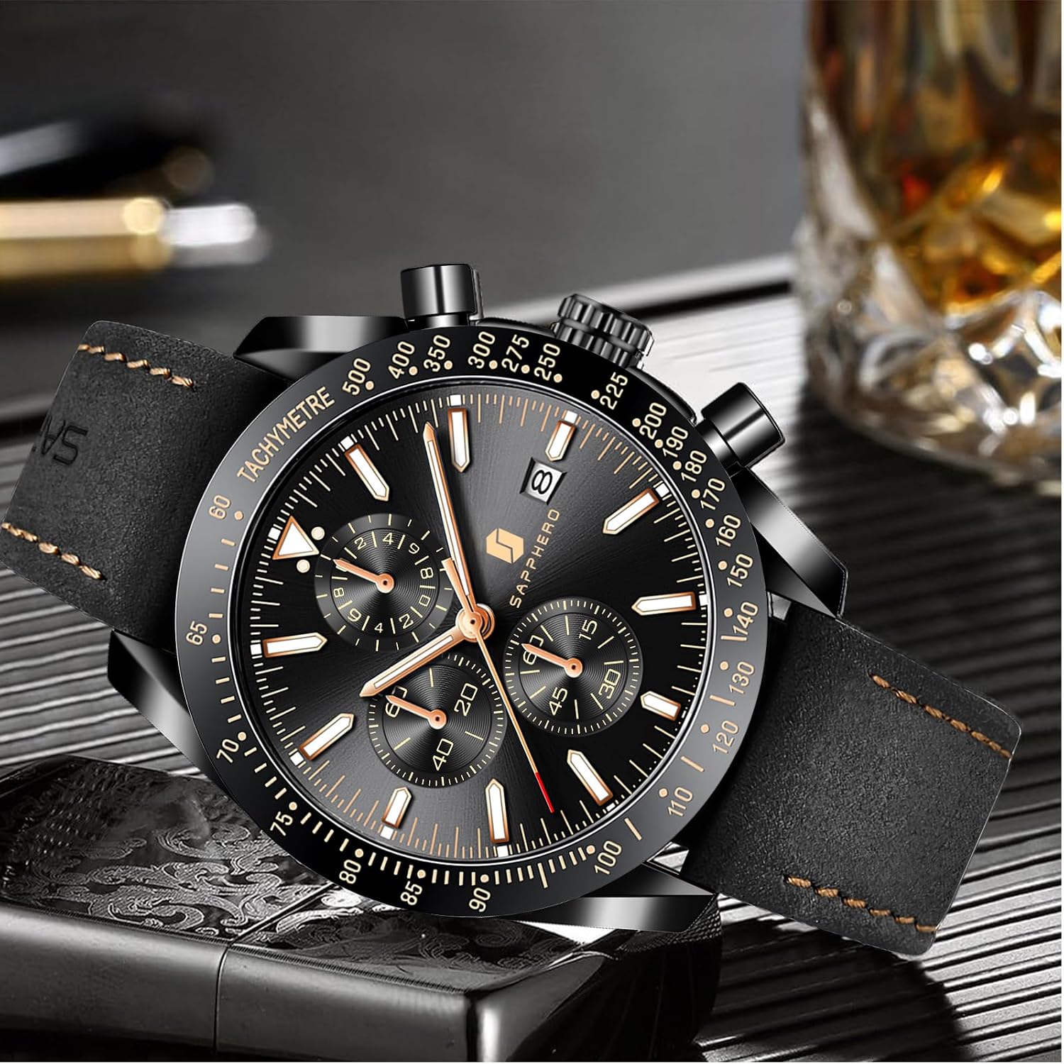 Detalle de BENYAR Herrenuhr Analoger Quarz Chronograph – Klassisch elegant, 45 mm, Lederband, 30 m Wasserdicht