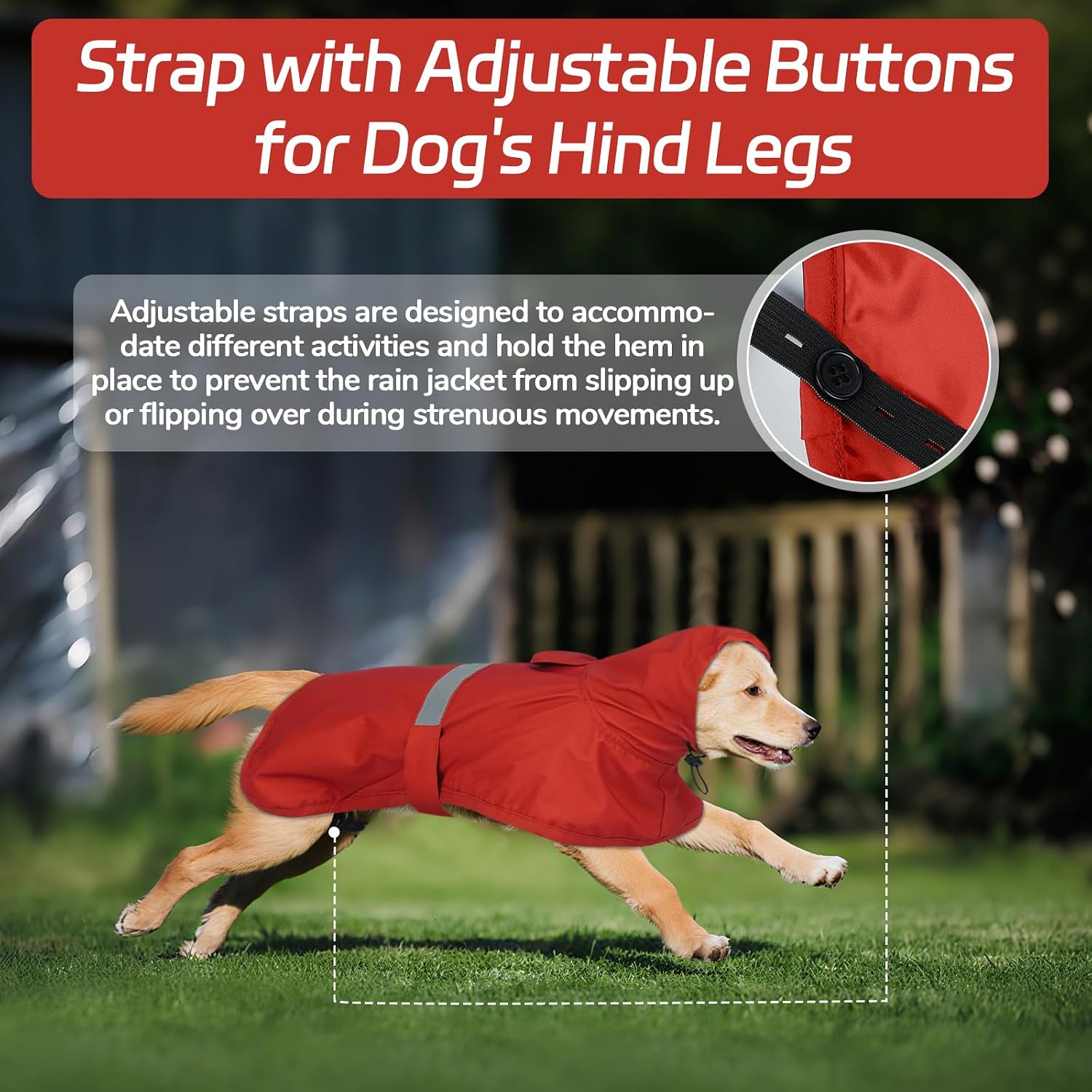 Detalle de Lelepet Dog Raincoat Waterproof Poncho with Reflective Strip and Adjustable Rear Legs Straps (Red, XL)