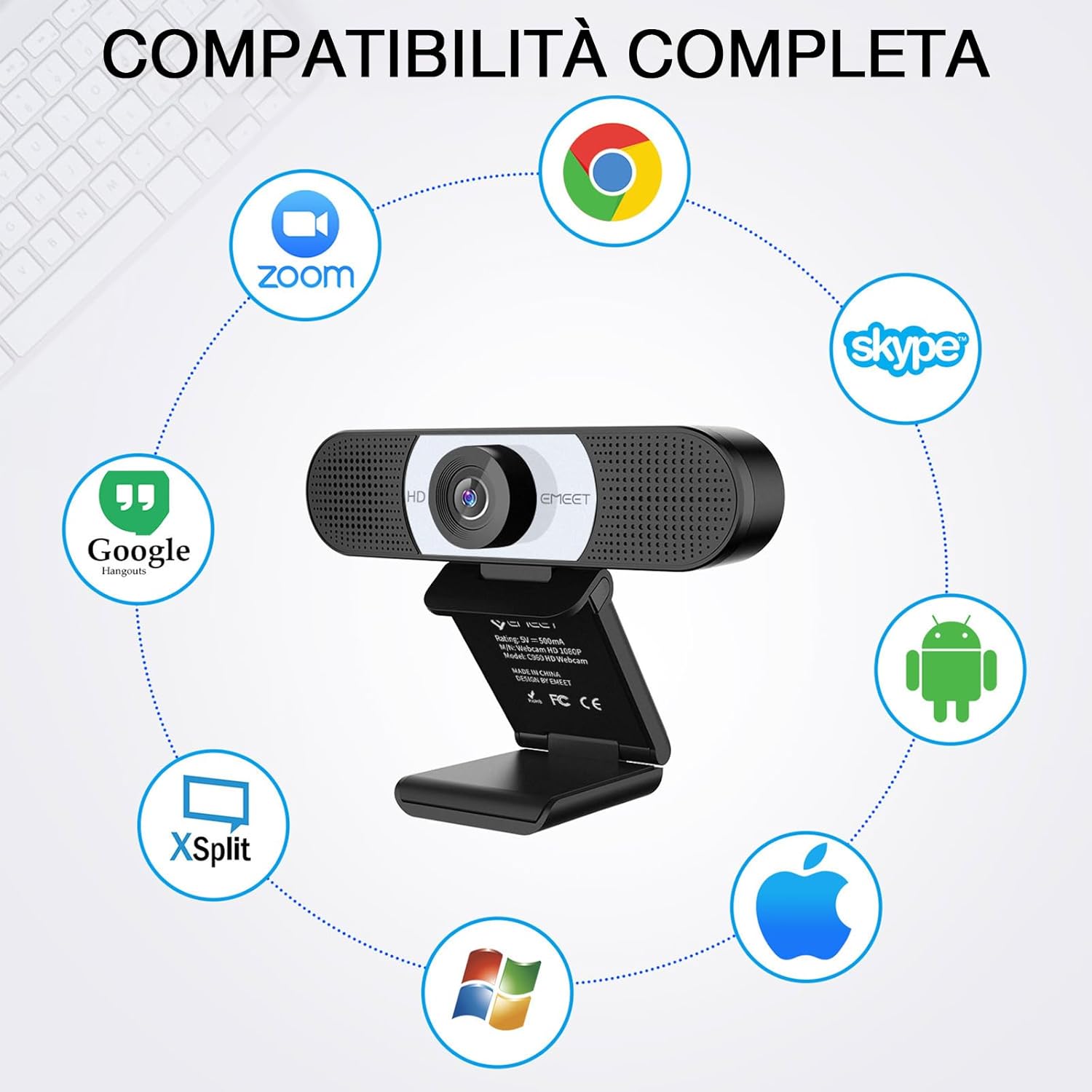 Detalle de EMEET Webcam Full HD C960 1080p: copriobiettivo, doppio microfono e messa a fuoco fissa, plug & play