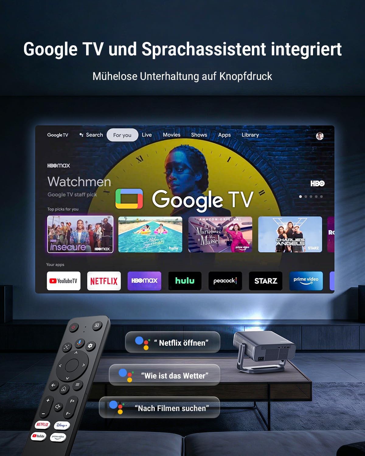 Detalle de Smart Beamer 4K Heimkino mit Google TV – Autofokus, 2500 ANSI, WiFi 6, 360° Stativ, Auto-Objektivabdeckung