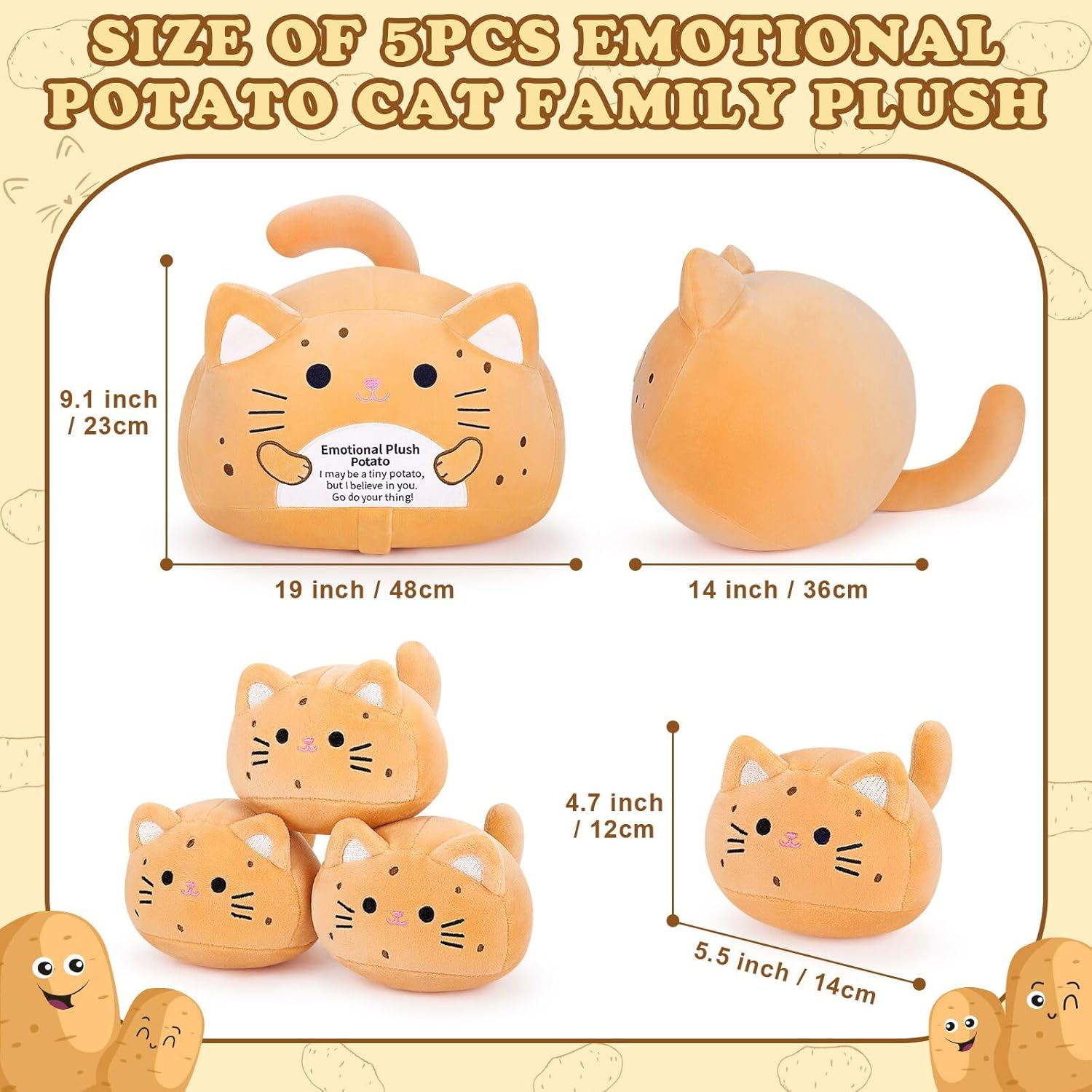 Detalle de Auspicious Beginning 5pcs Stuffed Cat Plush – Emotional Support Potato Style Set