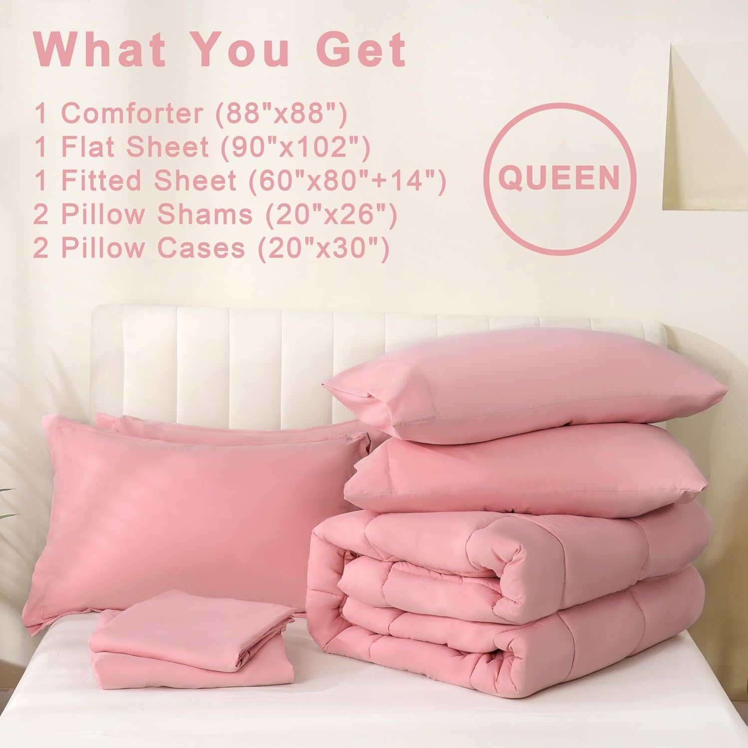 Detalle 2 de DOWNCOOL 1 Queen Comforter Set, 7-Piece Pink Microfiber Bedding