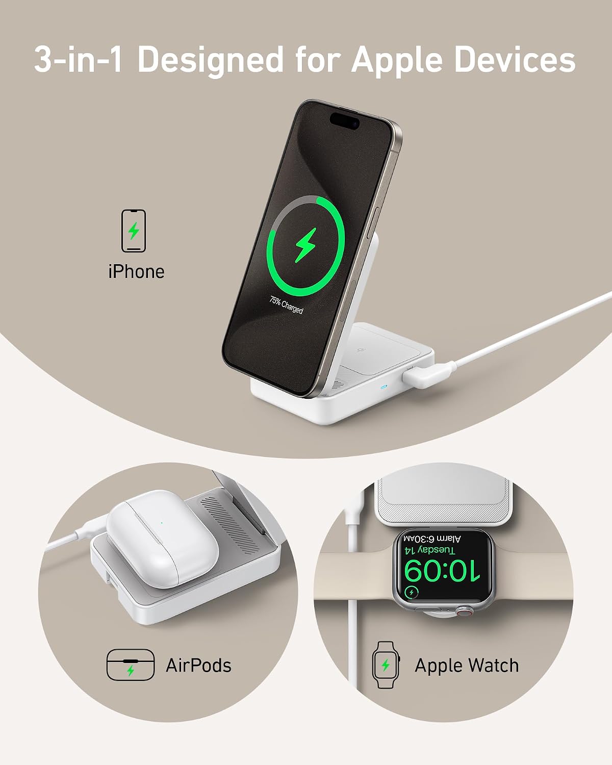 Detalle de Anker MagGo 3-in-1 Wireless Charging Station with MagSafe Compatibility