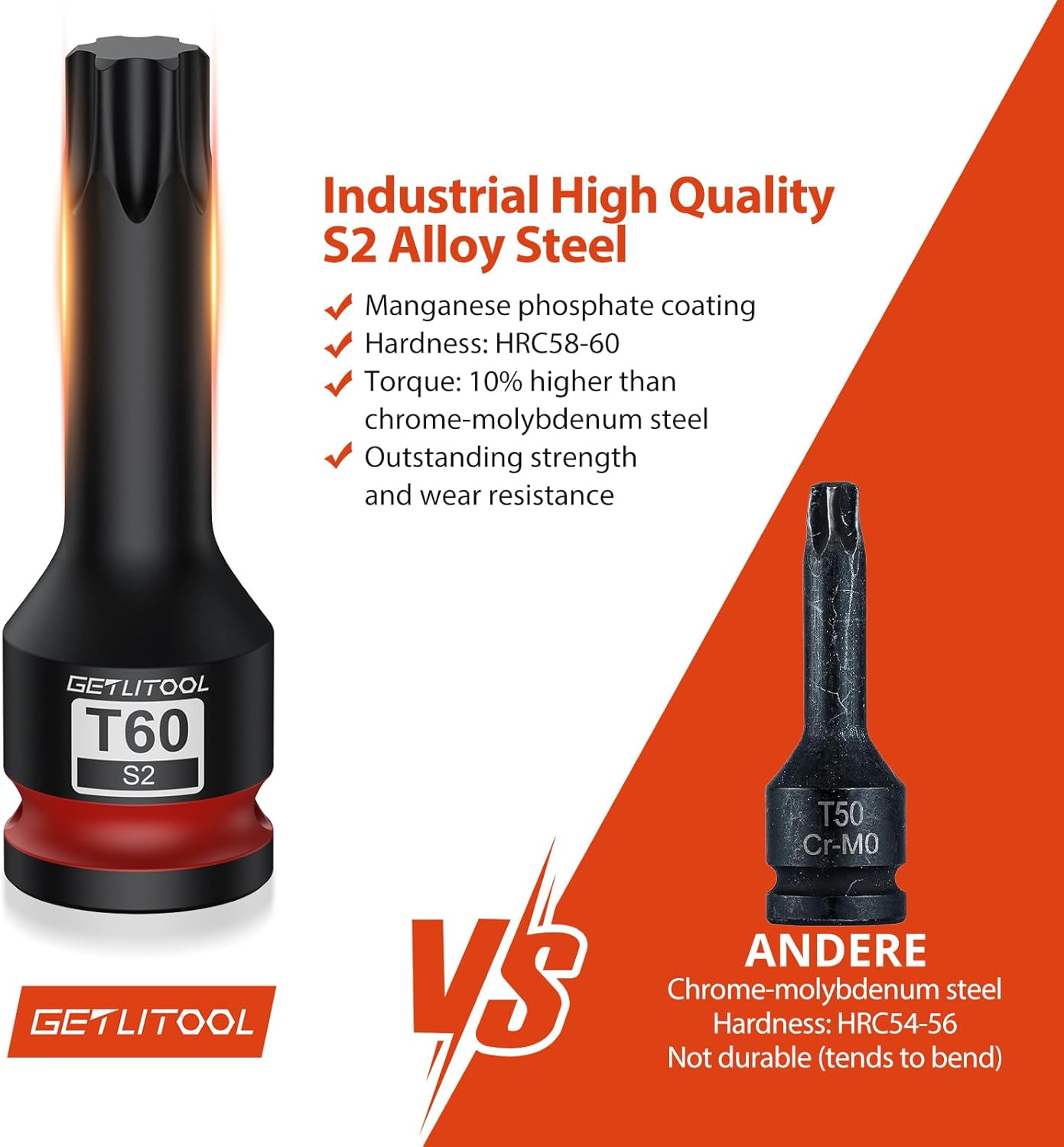 Thumbnail 2 de GETLITOOL 1/2" Kraft-Schlagschrauber-Nüsse Satz (8-tlg) S2 Torx T30–T80 mit 78 mm Bits