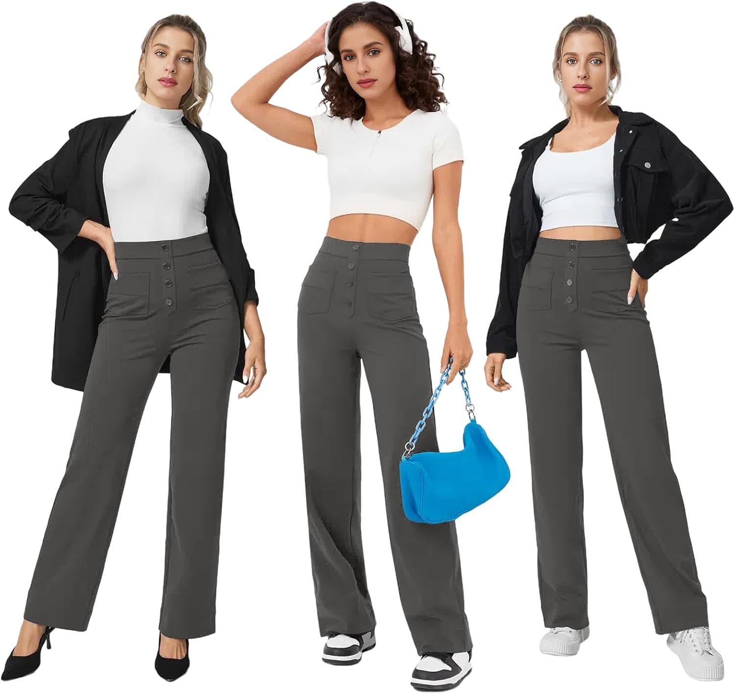 Thumbnail 4 de Glacspyg Yoga Pantalons femme taille haute de survêtement à bouton, coupe droite avec poches élastiques