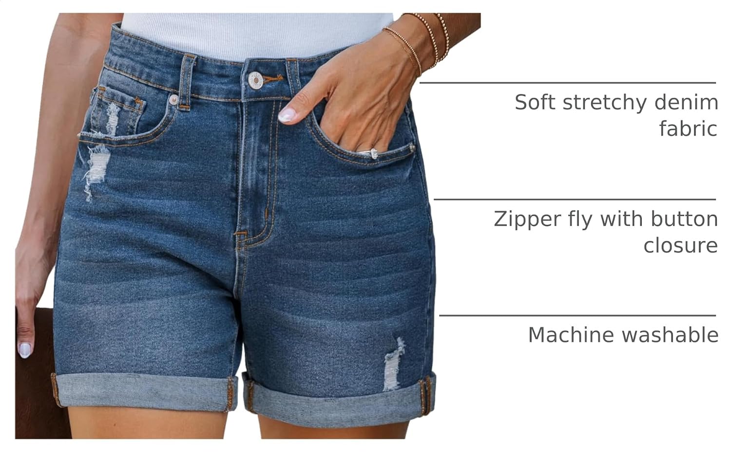 Detalle de LookbookStore Women's Stretchy High-Waisted Ripped Denim Shorts with Pockets