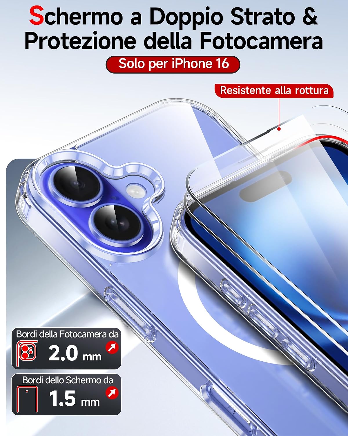 Detalle de LeYi Cover Magnetica Trasparente per iPhone 16 con 2 Vetri Temperati – Compatibile MagSafe