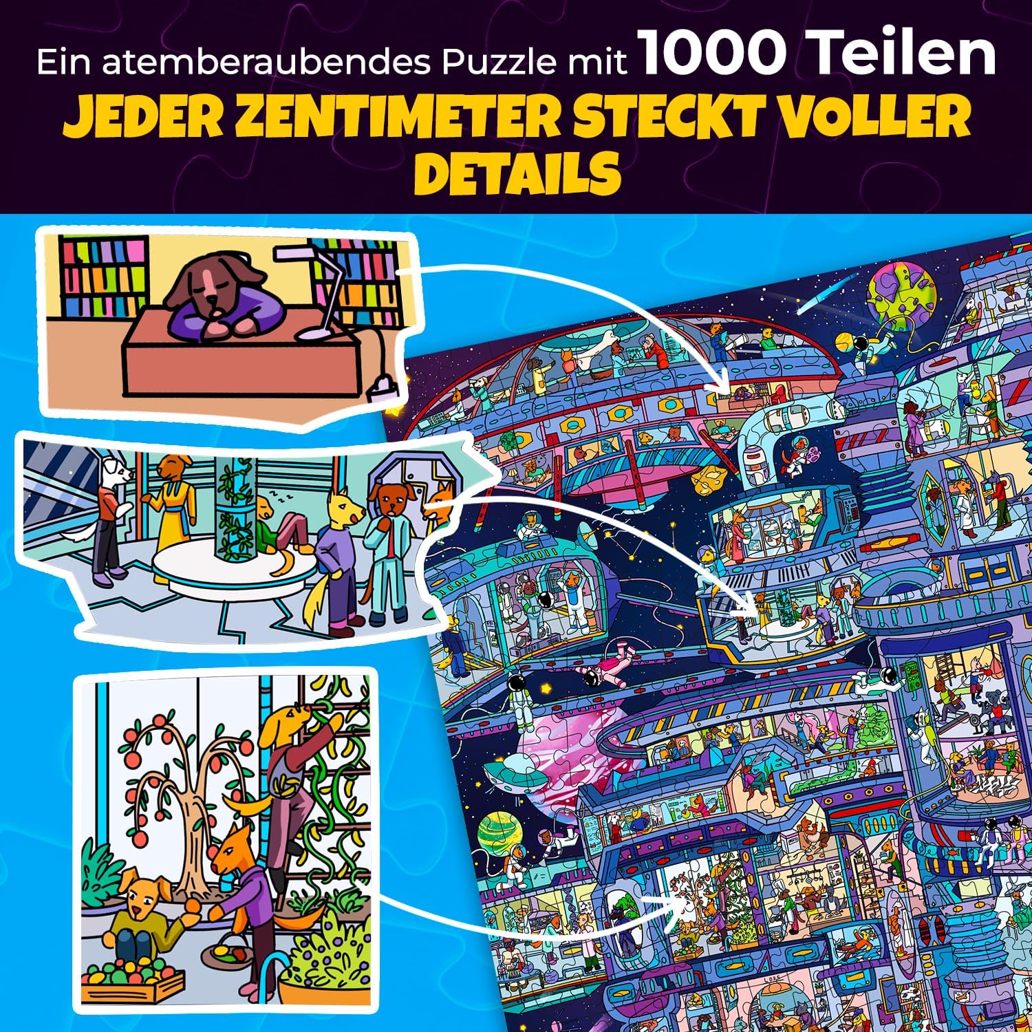 Detalle de QUOKKA Puzzle 1000 Teile Galactic Tails – Hochwertiges Raumfahrt-Abenteuer für Erwachsene