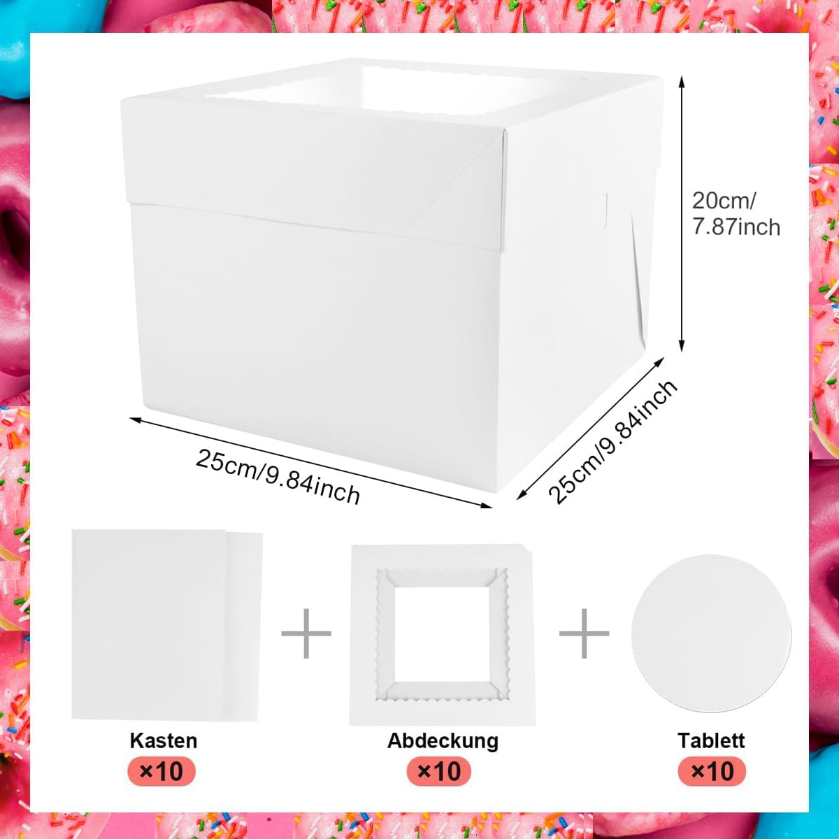 Detalle 2 de KUOGAS tårtlådor med fönster, 25 × 25 × 20 cm, 10-pack med brickor