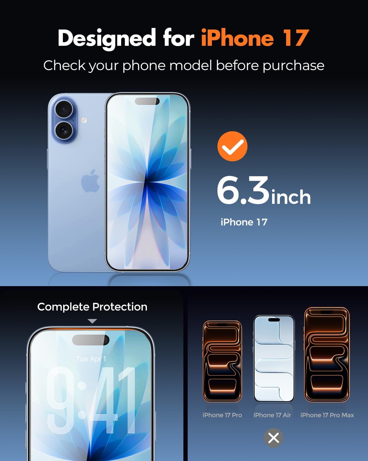 Thumbnail 1 de UNBREAKcable 4-Pack iPhone 17 Tempered Glass Screen Protector with Easy Install Frame (Case Friendly, 9H)