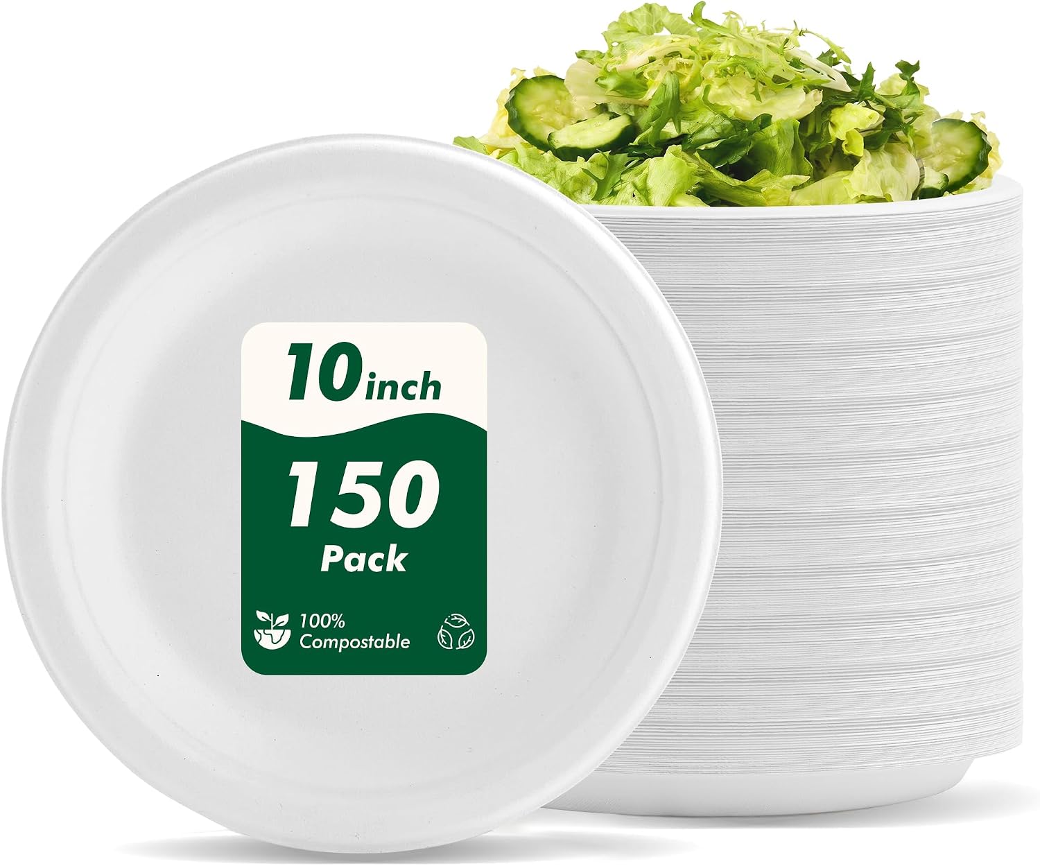 CELLURA 10 Inch 150 Pack Compostable Plates: Heavy-Duty, Microwave-Safe Sugarcane Fiber Disposables