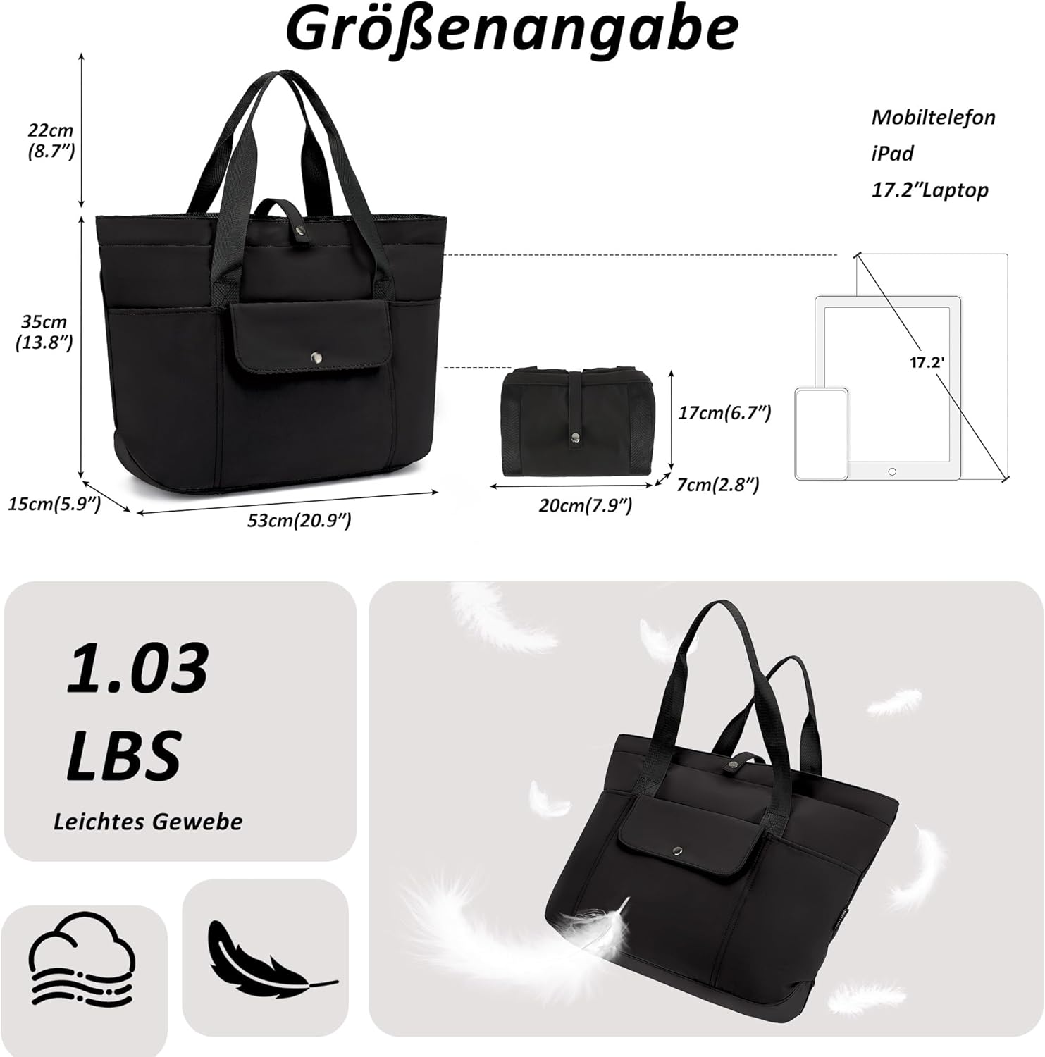 Thumbnail 2 de TANTOMI Handtasche für Damen – leichte geräumige Strand-/Arbeits- und Sporttasche mit Reißverschluss