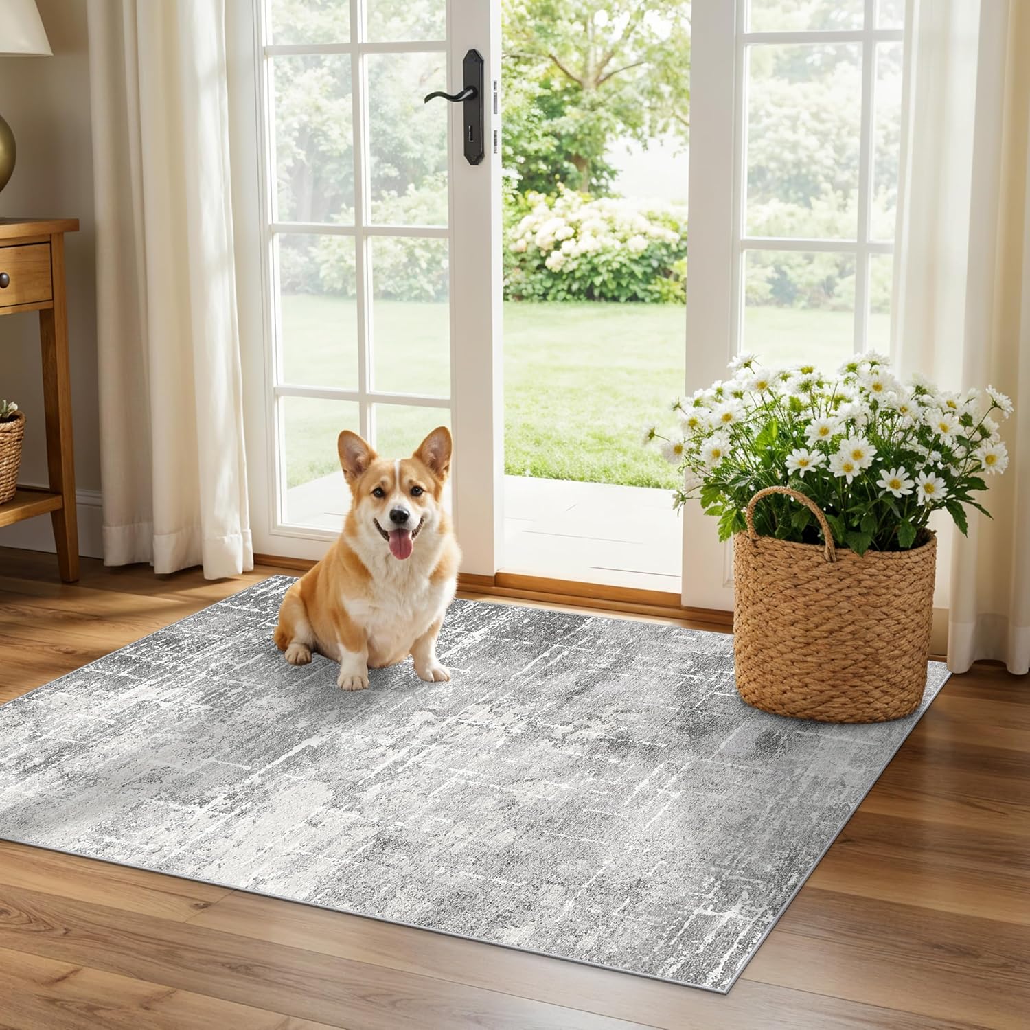 Detalle de Abstract 2x3 Entryway Rug — Washable, Water-Resistant, Non-Slip Doormat (Light Grey)