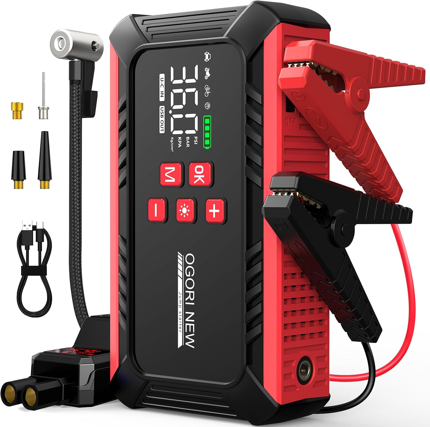 Detalle de OGORI NEW Starthilfe Powerbank 6000A mit 150 PSI Kompressor – All-in-One Notfallwerkzeug für Pkw, Motorräder und mehr