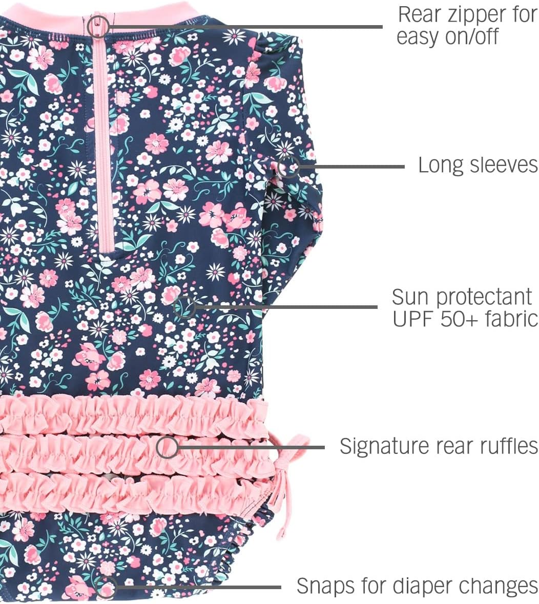 Thumbnail 4 de RuffleButts Baby Girls UPF 50+ Floral Rash Guard One-Piece with Zipper