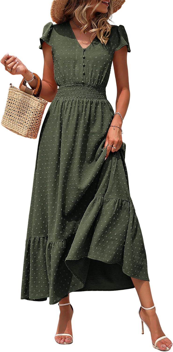 Detalle de PrettyGarden Womens Dresses 2026 Summer Maxi Dress: Boho Swiss Dot, V-Neck, Smocked Waist