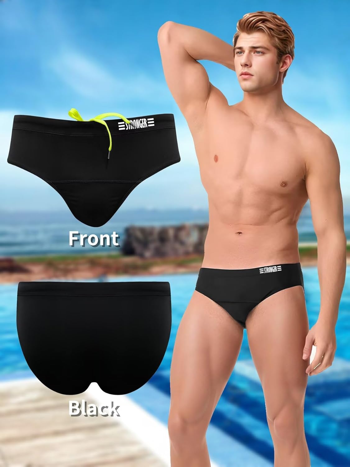 Thumbnail 1 de Men's Swim Briefs Drawstring Low Waist Triangle Swim Trunks – Solid Colour