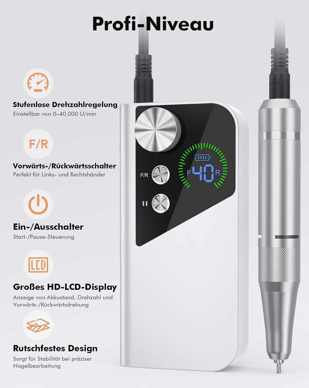 Detalle de HOMEASY Nagelfräser Profi mit 40.000 U/min, Akku und LCD-Anzeige (6 Bits)