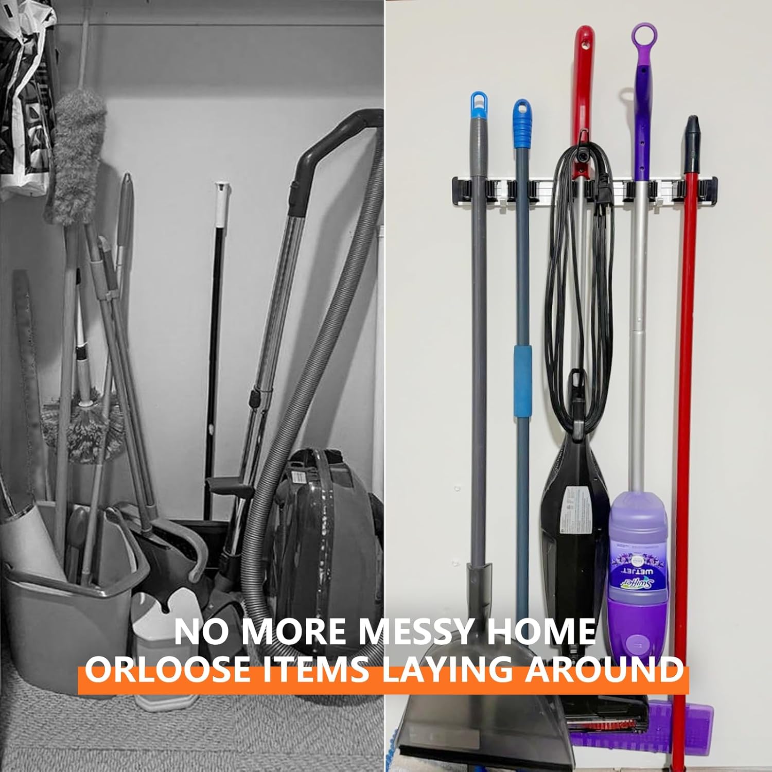 Detalle de reliahom Wall Mount Broom Holder, 5 Racks, 4 Hooks, Black Stainless Steel