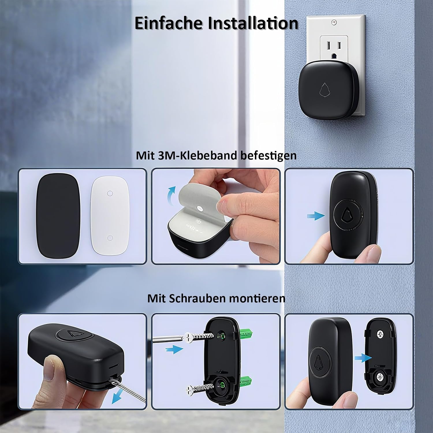 Detalle 2 de SECRUI Funkklingel für Haustür mit 2 Empfängern & 1 Sender, 58 Melodien, 5 Lautstärken, LED, IP55