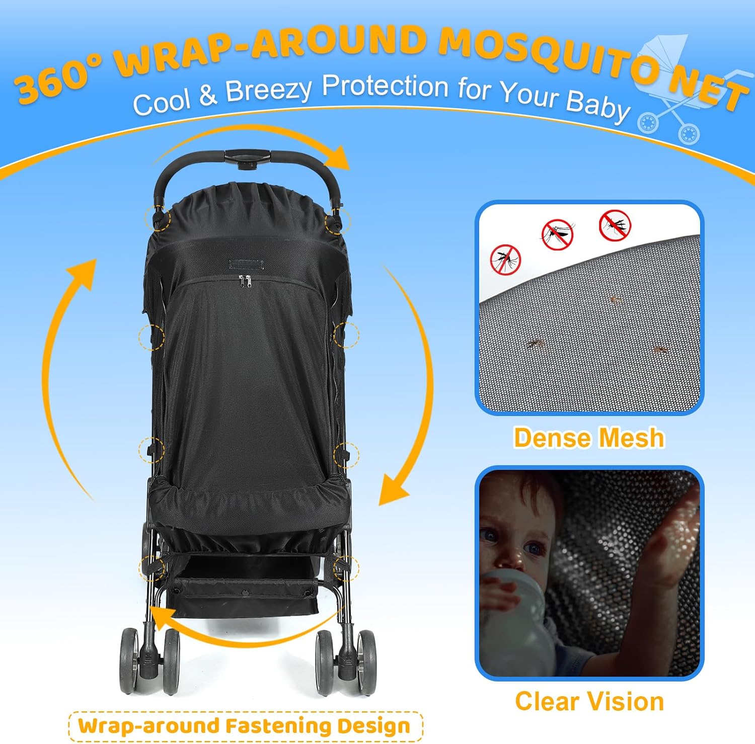 Thumbnail 2 de Orzbow Pram Sun Shade with Mosquito Net & UPF 50+ UV Protection, Universal Buggy Cover (Black)