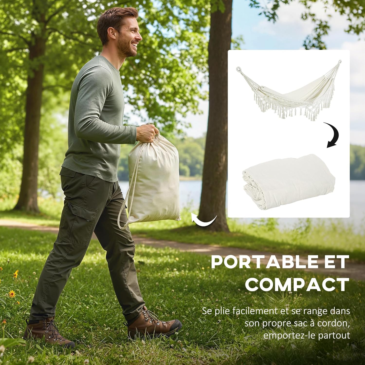 Thumbnail 3 de Outsunny Hamac d’extérieur bohème suspendu avec frange macramée (extra large) et sac de transport, beige