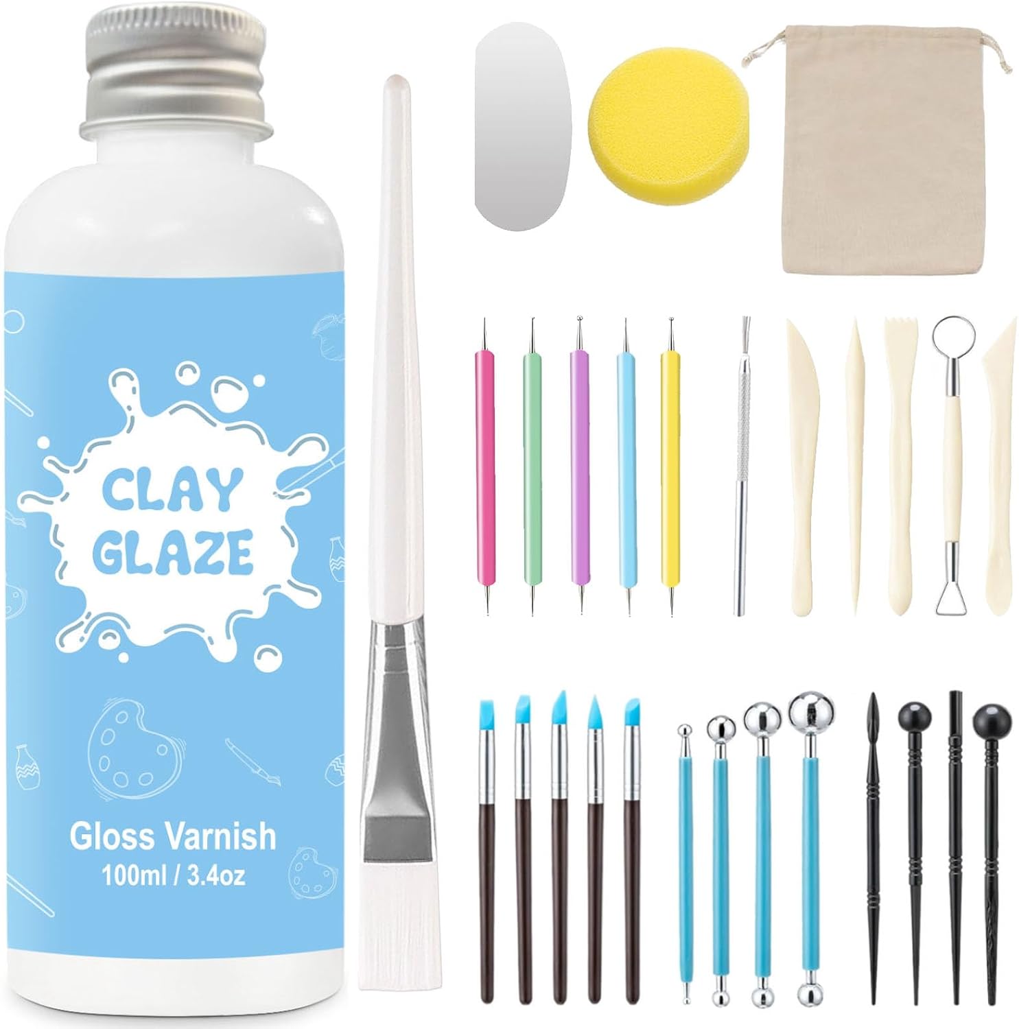Detalle de EIGTWEN Vernis argile autodurcissante 100 ml (finition gloss) + kit d’outils de poterie (29 pièces)