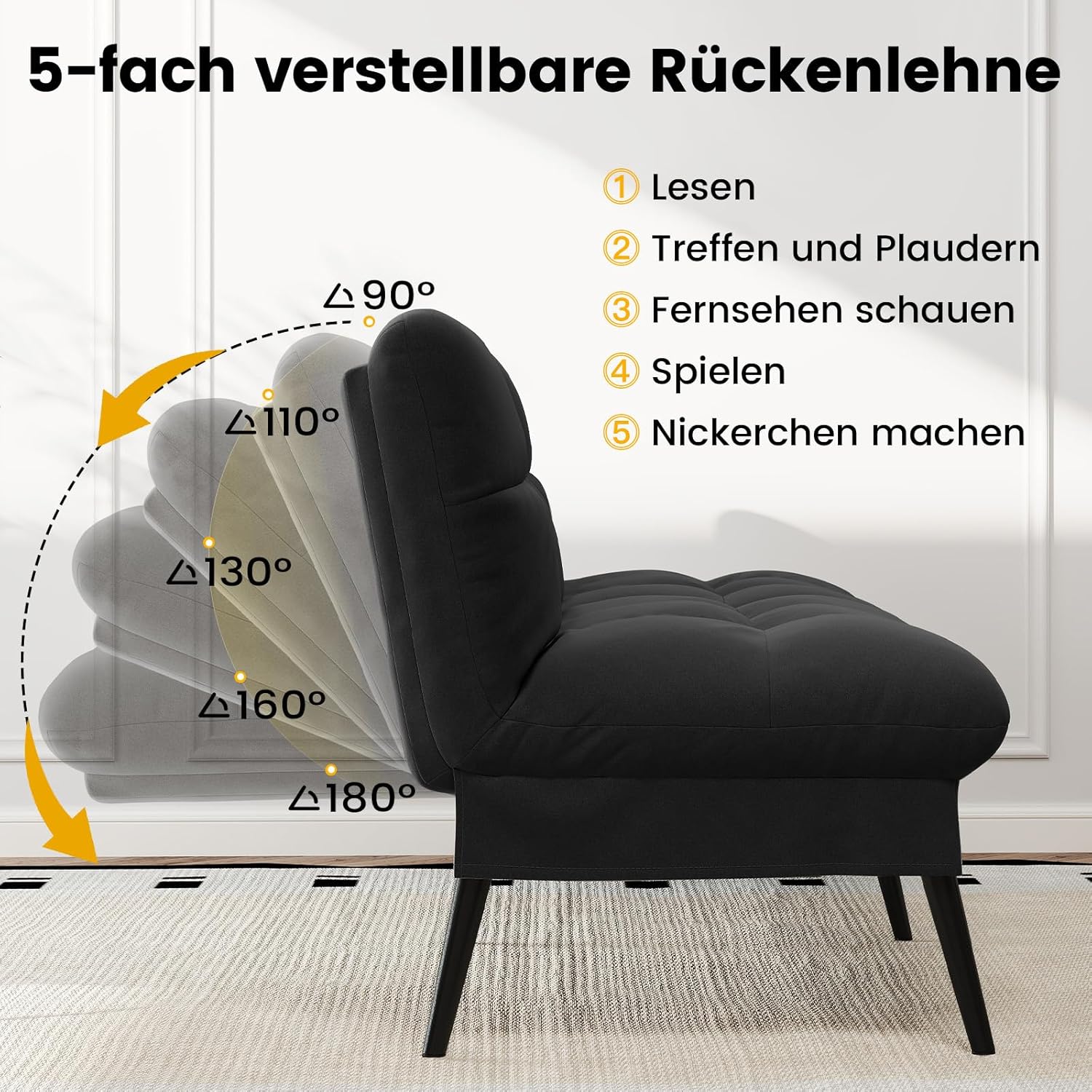 Detalle de LUCKRACER Sofa 3 Sitzer Schlafsofa mit 5-fach verstellbarer Rückenlehne – Schwarz