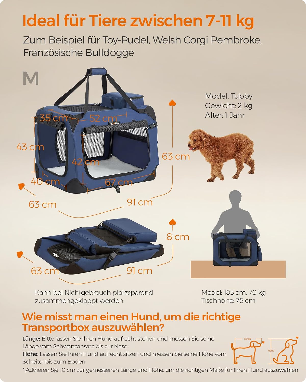 Detalle de Feandrea faltbare Hundebox M 60×42×42 cm – Transportbox mit Netzstoff, Metallrahmen und Tragegriffen (dunkelblau)