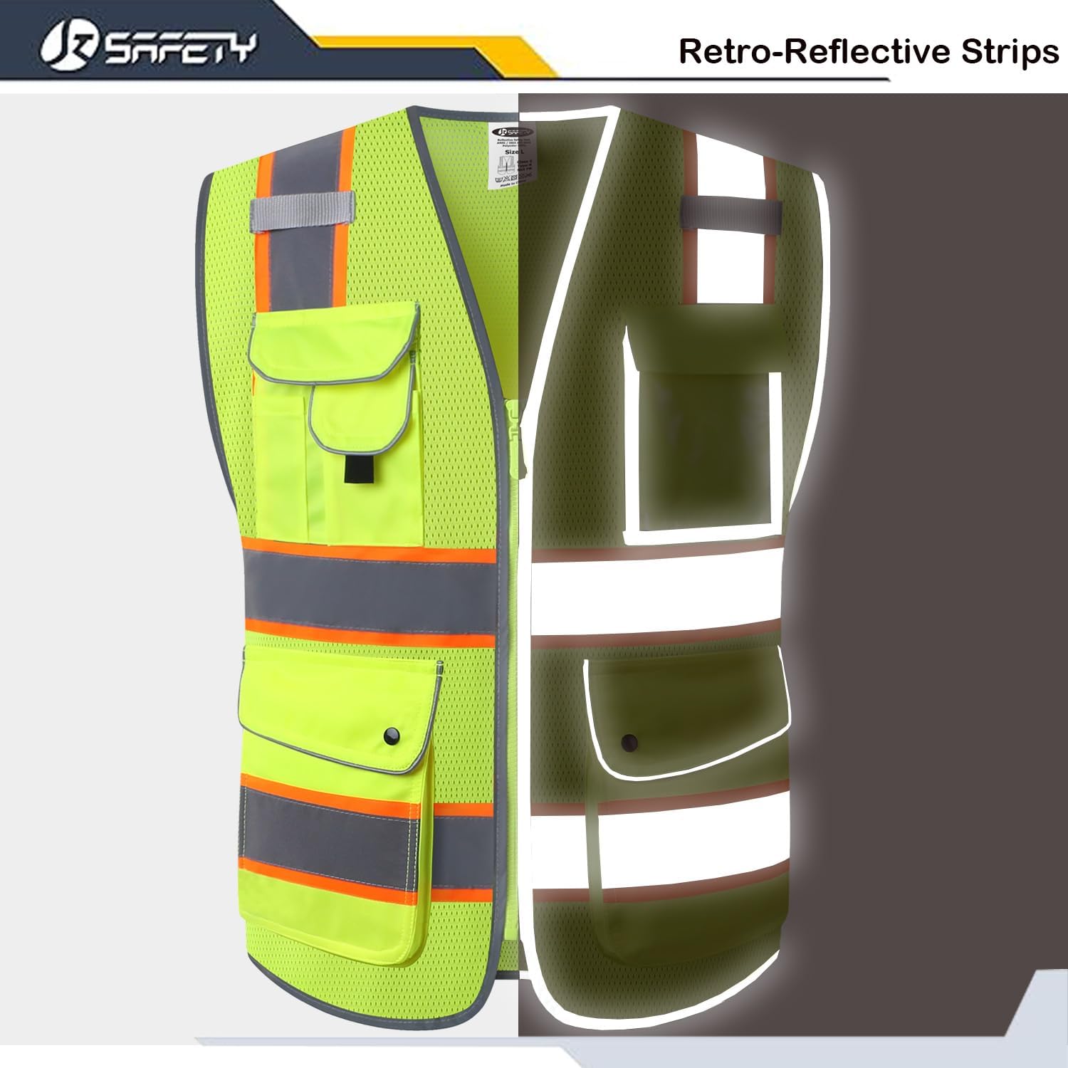 Detalle 2 de JKSafety 9-Pocket Hi-Vis Neon Yellow Zipper Front Mesh Safety Vest (ANSI/ISEA Class 2, 100-Yellow, Size L)