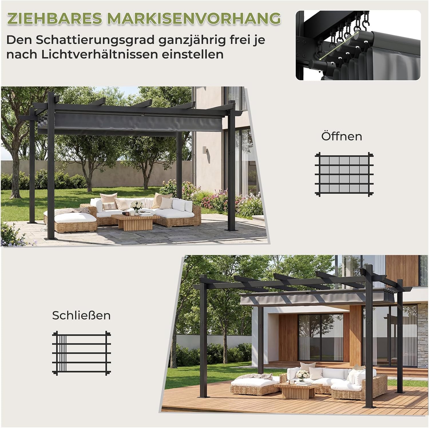 Detalle 2 de TRIUMPHKEY Pergola Pavillon 3x4 m wasserdicht, Aluminium mit Schiebedach – Winterfest, grau
