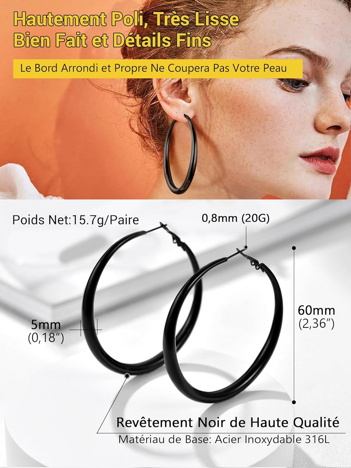 Thumbnail 4 de PROSTEEL Créoles femme en acier inoxydable 316L (40 mm/60 mm/80 mm) – anneaux type hoop