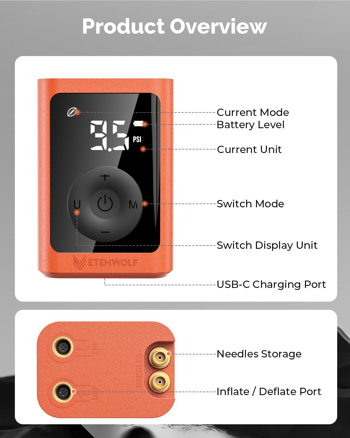 Detalle de ETENWOLF P300 Plus Ball Pump: Electric Inflation with 3200mAh Battery
