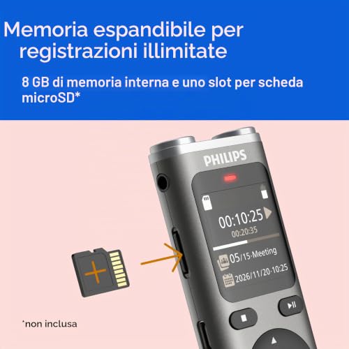 Detalle de PHILIPS DVT2075 VoiceTracer: registratore audio con microfoni stereo e AI Sembly in prova