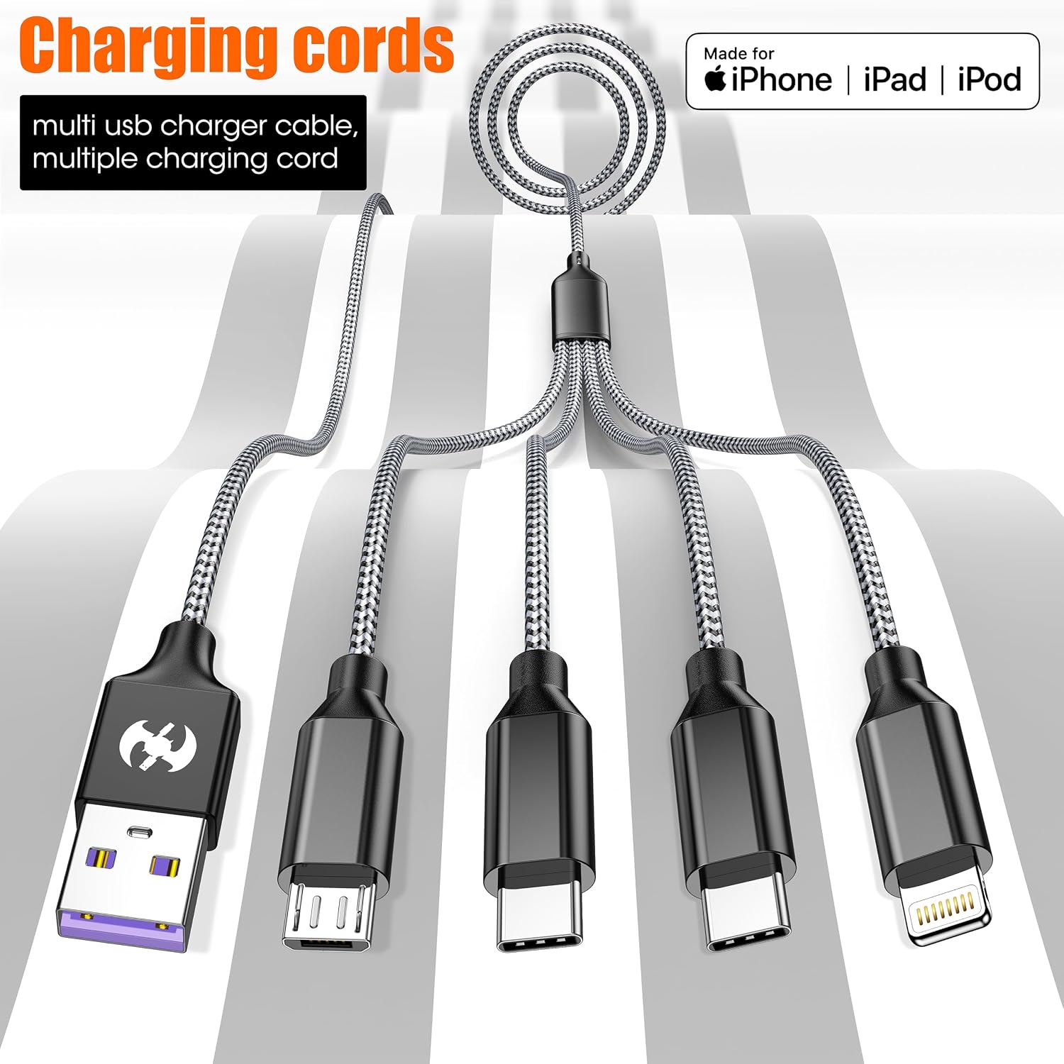 Detalle de Multi Charging Cable 4ft 2-Pack (MFi Certified) 4-in-1 USB-C, Lightning & Micro USB Nylon Braided Chargers