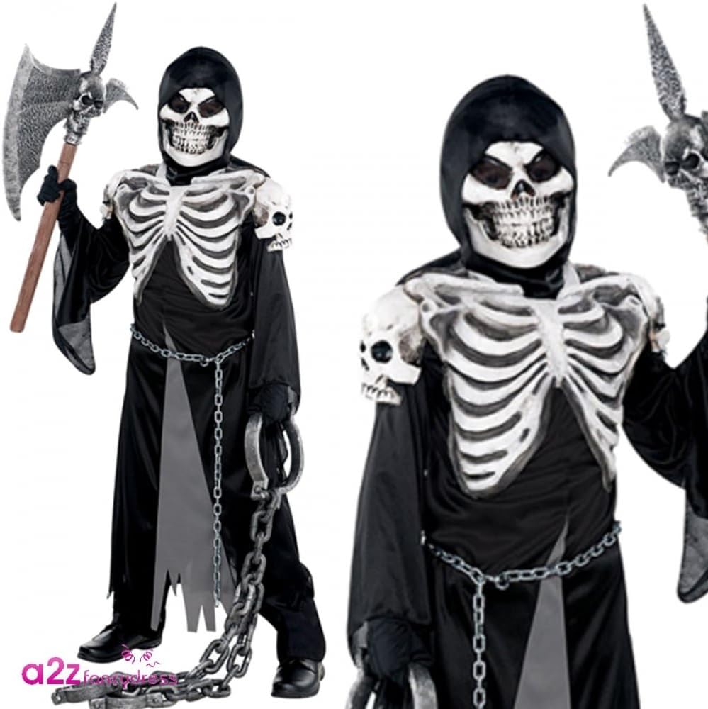 Detalle 2 de amscan Kinderkostüm Sensenmann – Skelett-Robe mit Kapuze & Gesichtsmaske (für 12–14 Jahre)