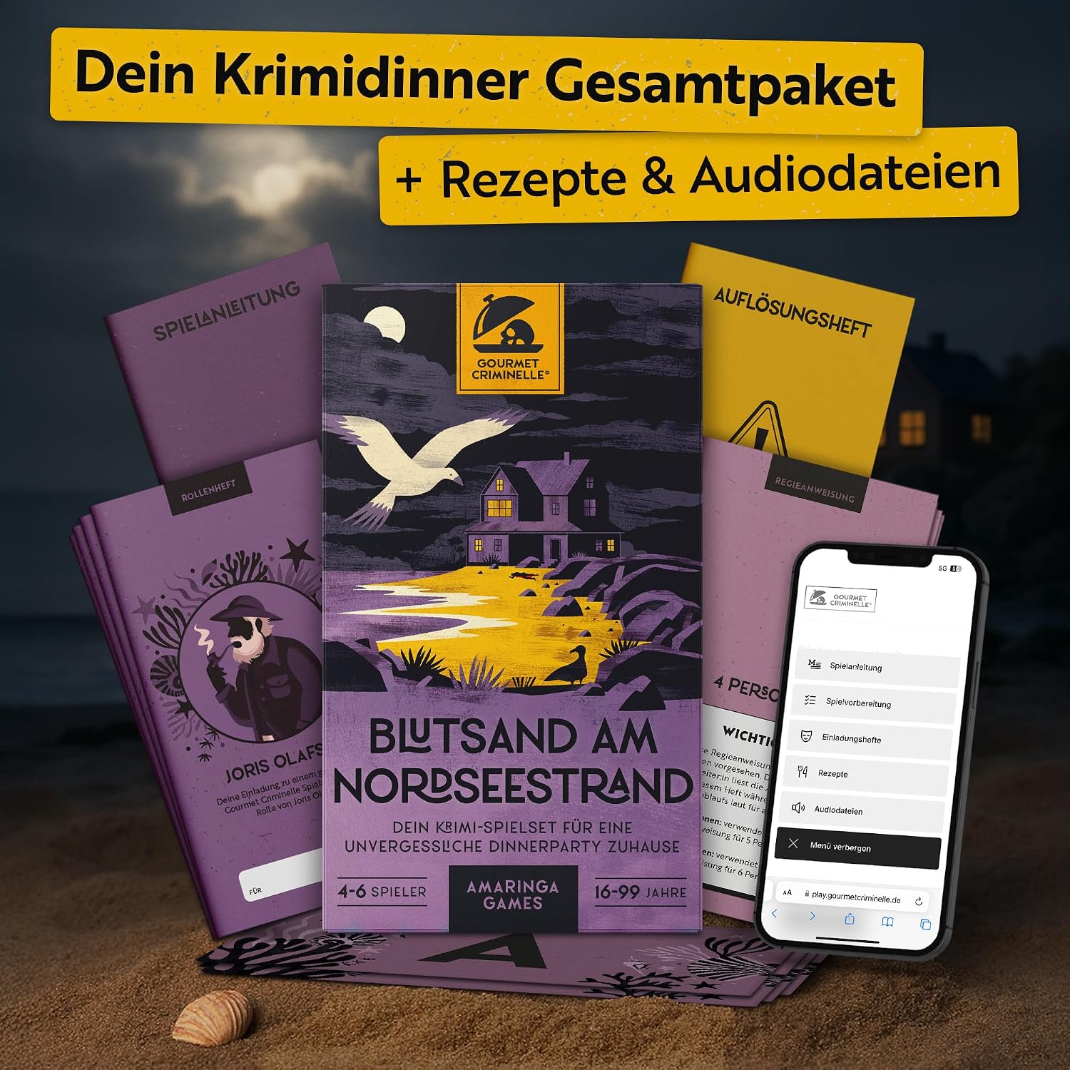 Detalle de Gourmet Criminelle Krimidinner für zuhause: Mysteriöser Mordfall „Blutsand am Nordseestrand“ (4–6 Personen) ab 16
