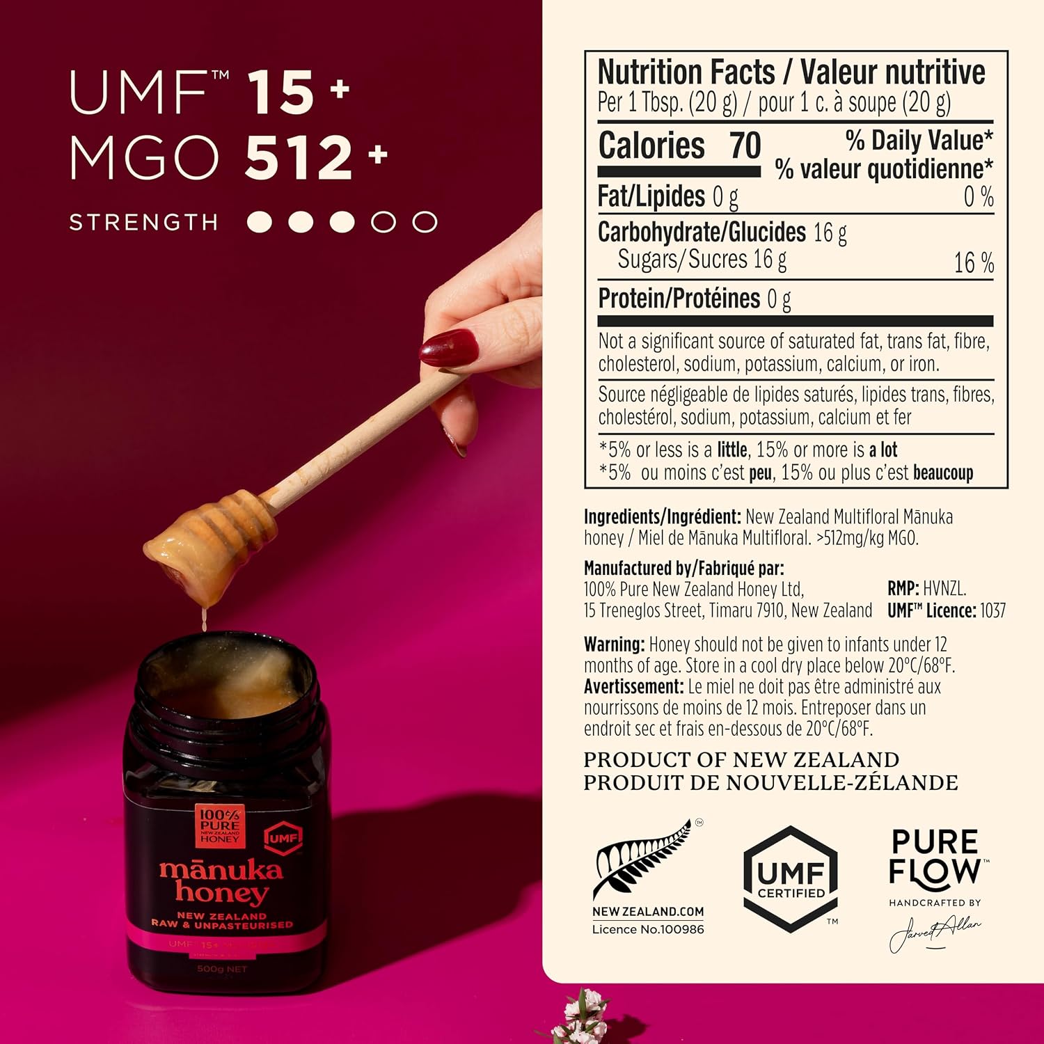Detalle de 100% Pure New Zealand Honey UMF 15+ Mānuka Honey, MGO 512+, Raw, 17.6 oz