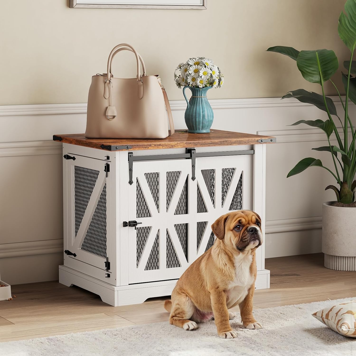 Thumbnail 6 de Dog Cage Furniture: 70cm Three-Door Wooden Dog Cage with Sliding Doors (White) for Small Dogs