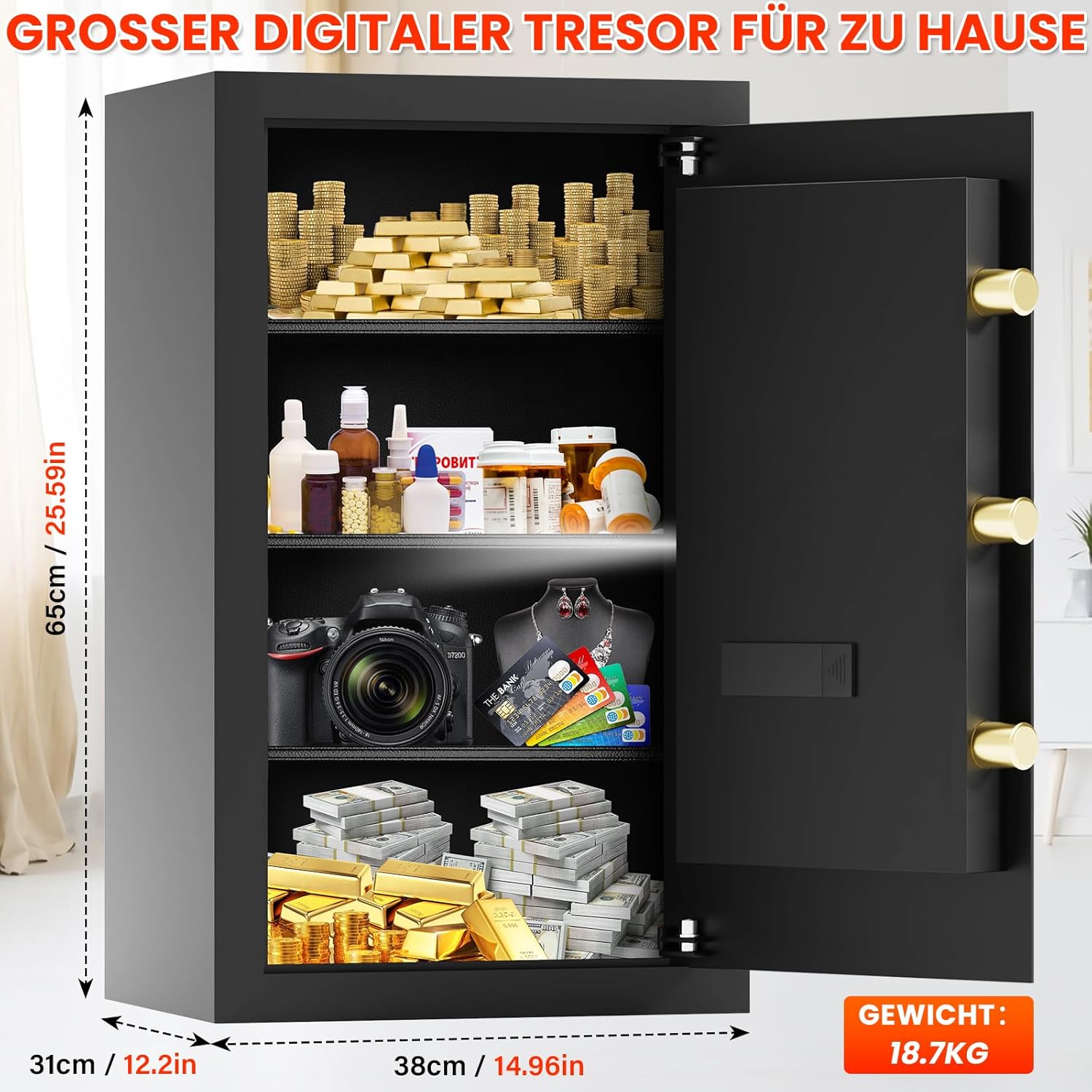 Detalle 2 de 85L Großer Feuerfester Tresor mit feuerfester Dokumententasche – Digitaler Heimtresor inkl. herausnehmbarem Regal