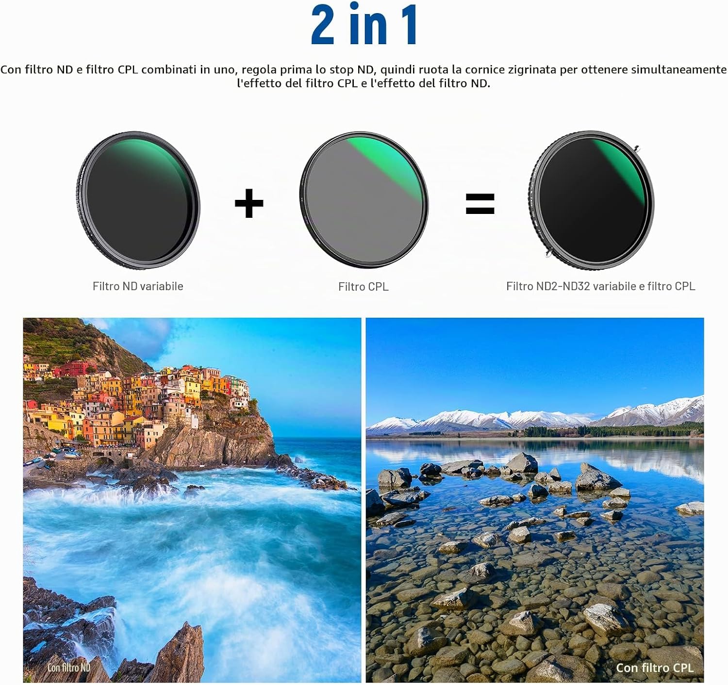 Detalle 2 de NEEWER Filtro ND Variabile 2 in 1 67mm ND2-ND32 + CPL senza croce – vetro ottico HD, 30 strati nano coating