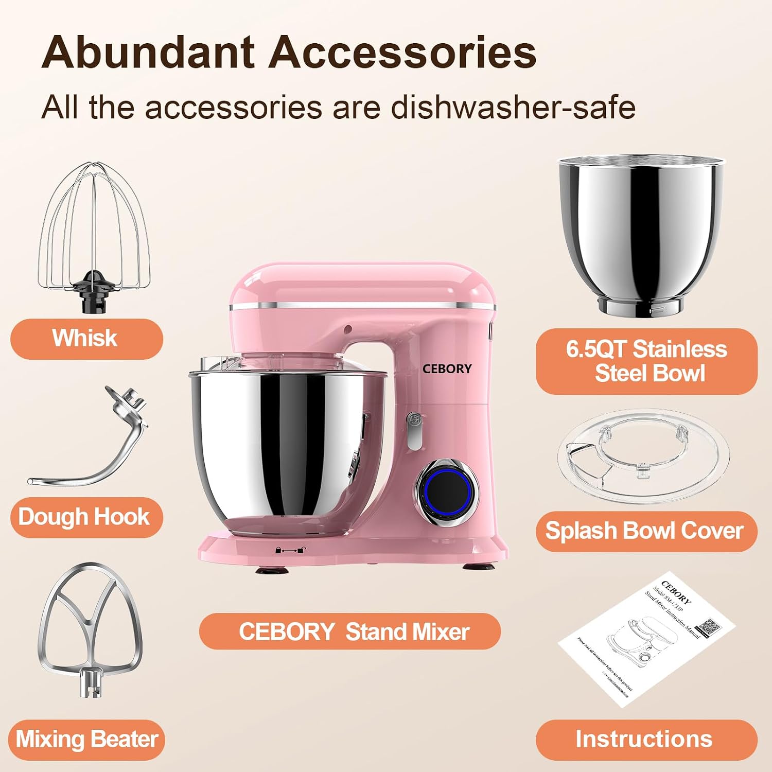Detalle de CEBORY 3-in-1 Electric Stand Mixer: 6.5QT, 660W, 10-Speed with Dough Hook, Beater & Whisk (Pink)